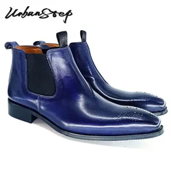 LUXURY MEN ANKLE BOOTS SHOES BLUE BLACK HAND POLISHING SLIP ON CHELSEA BOOTS CASUAL DRESS GENUINE LEATHER BOOTS FOR MEN