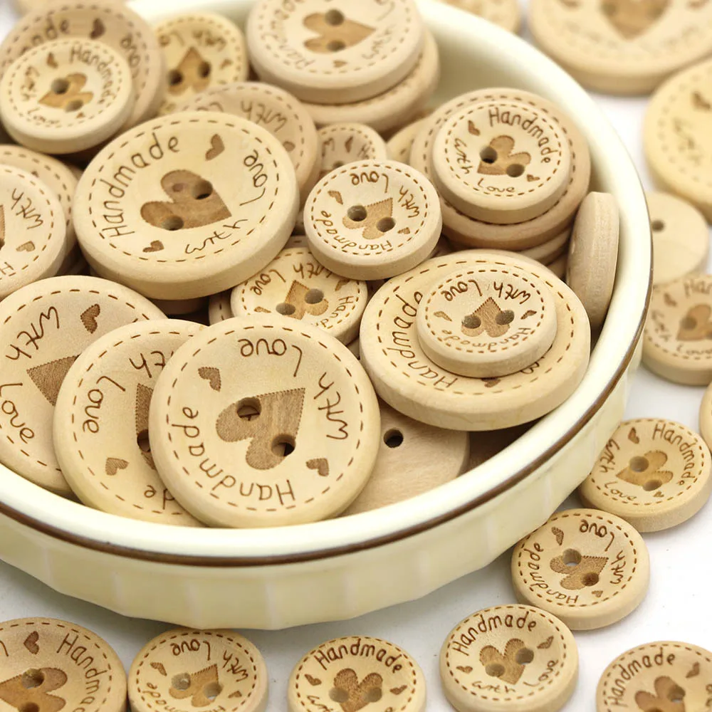 50Pcs Handmade Heart Wood Buttons Natural Color Hand Made Decorative Button For ClothesSewing Scrapbooking Gifts 15MM 20MM 25MM