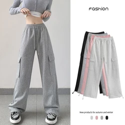 Spring Women's Cotton Retro Soft Cargo Pants New Women's High Waist Drawstring Multi Pocket Tie Feet Straight Leg Wide Leg Pants