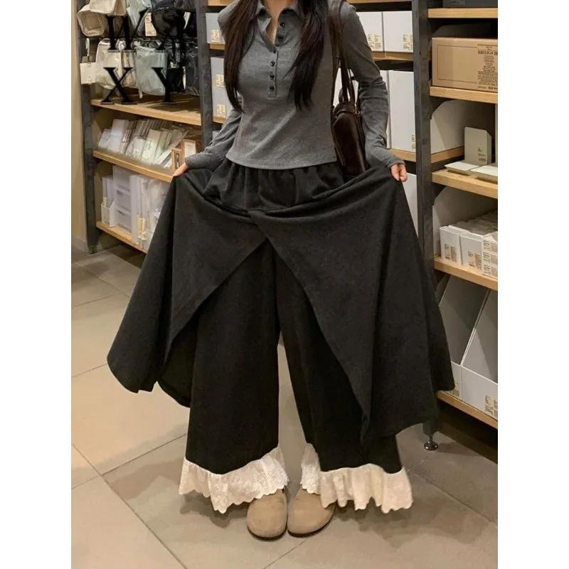 Oversize Lace Patchwork Trouser Skirt Women's 2026 Spring Autumn High Waist Loose Slit Y2k Chic Vintage Fashion Skirts Pants