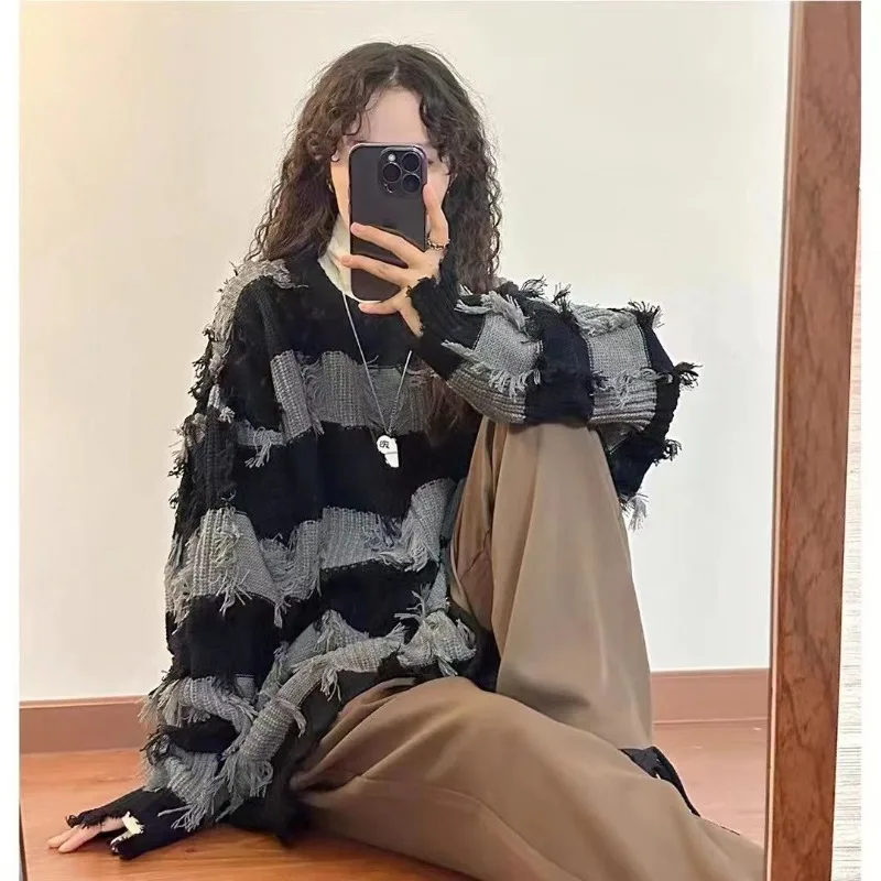 MiiiiX Streetwear Tassel Frayed Knitted Women's Sweater Autumn Loose Striped Patchwork Pullover Large Size Casual Female Clothes