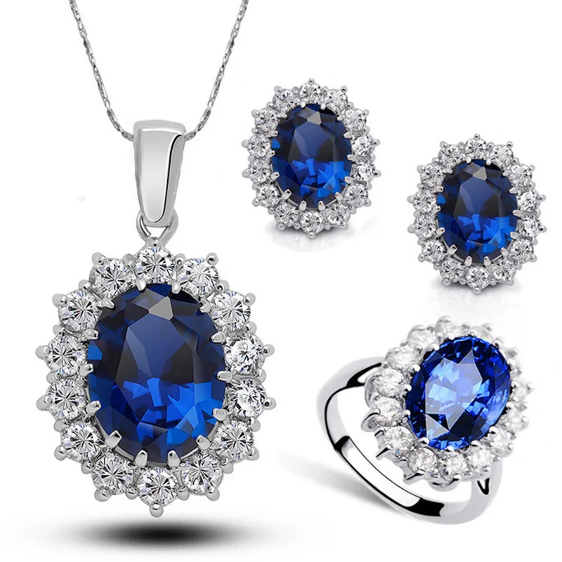 Luxury Jewelry Set for Women Girlfriend and Mother Blue Zircon Necklace Earrings Ring Sets Bridal Accessories Three Piece Gifts