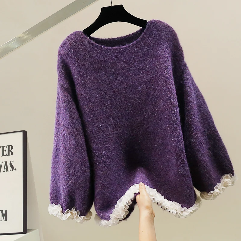 

Korean Sle Heavy Work Lace Trim Splicing Knitted Sweater Loose Fit Versatile Casual Faionable Long Sve round Ne Top