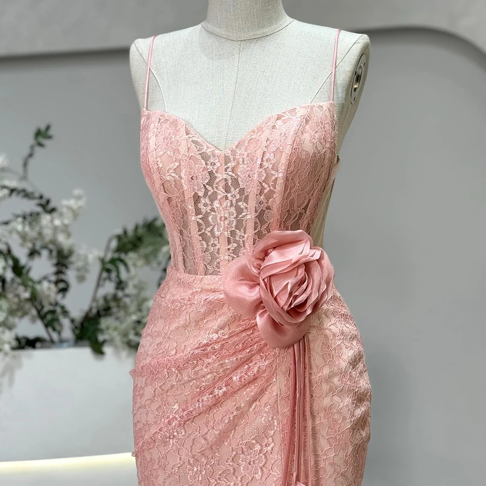 Vestidos de noite retos personalizados, comprimento chá, alça espaguete, sem mangas, vestido de baile, moda flor, renda, costas nuas, vestido de festa