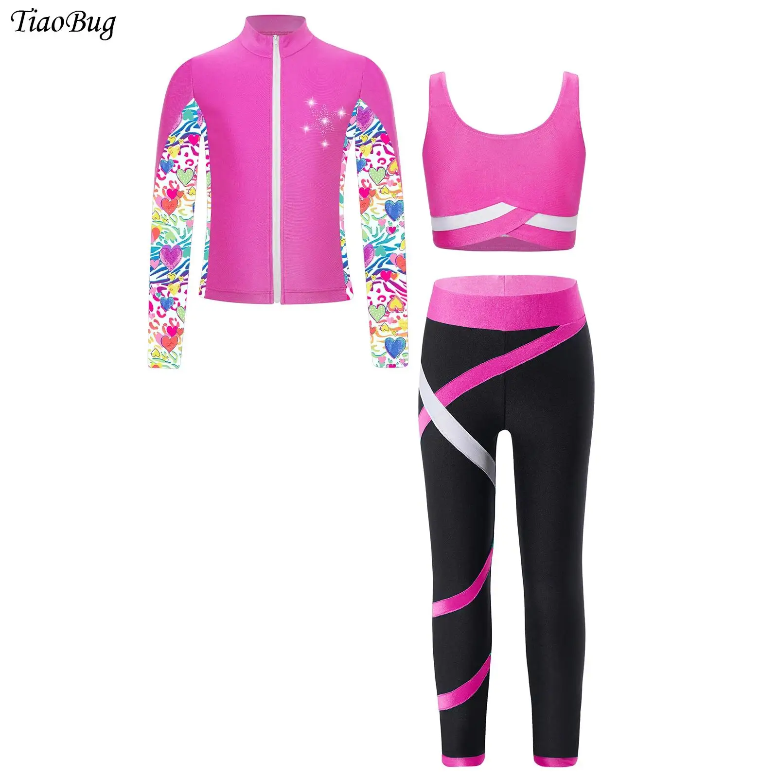 

Kids Girls Tracksuit 3Pcs Contrast Color Athletic Shirt Sleeveless Vest+Leggings+Long Sleeve Print Zipper Sweatshirt Sports Set
