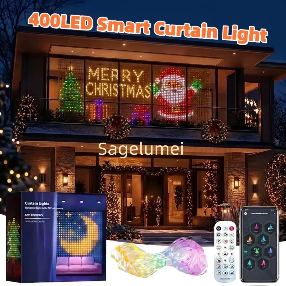 2/3M 256/400LEDsAPP Controlled Programmable Curtain Lights, Bluetooth Pixel Lights, Smart Text Display for Party Wedding Decor