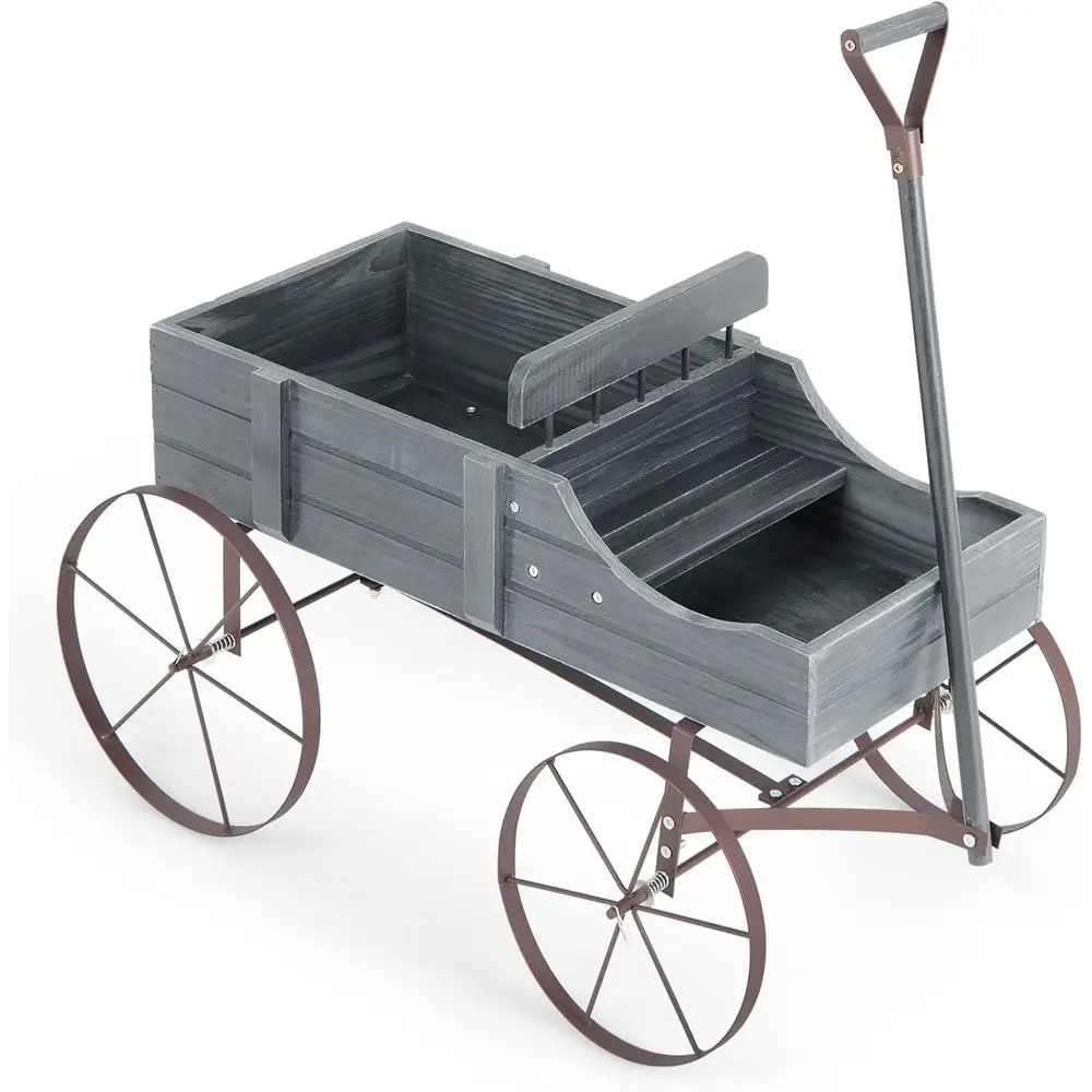 

Decorative Wooden Wagon Planter with 2 Sections, Wheels, and Handle for Rustic Garden, Patio, or Yard (Grey)