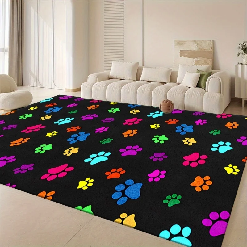 Newest Colorful Paw Print Large Area Rug, Black Background Pet Footprint Floor Mat for Living Room s Bedroom