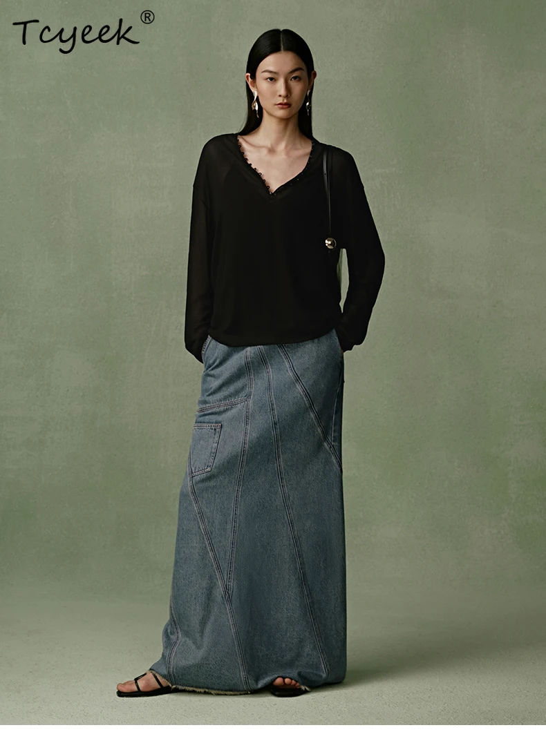 

Tcyeek, 6A 95.8%Mulberry Silk Elegant Shirts, Women Long Sleeve Lace Solid, Commute OL Loose Blouses, 2024 Autumn New T48905QM