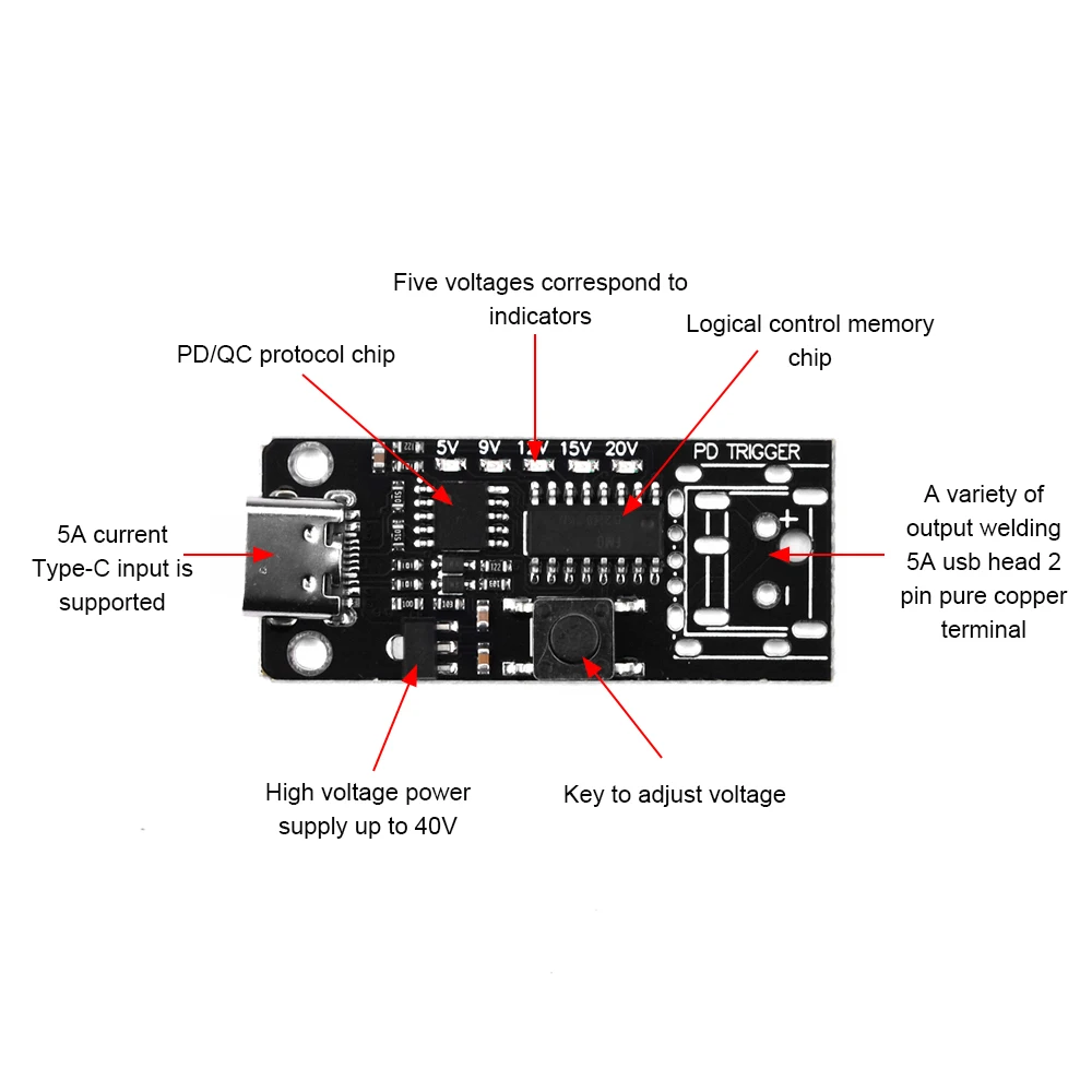 100W 5A Type-C USB QC Decoy Trigger Board 5V 9V 12V 15V 20V Output PD 2.0 3.0 Trigger Adapter Cable Connection Polling Detector