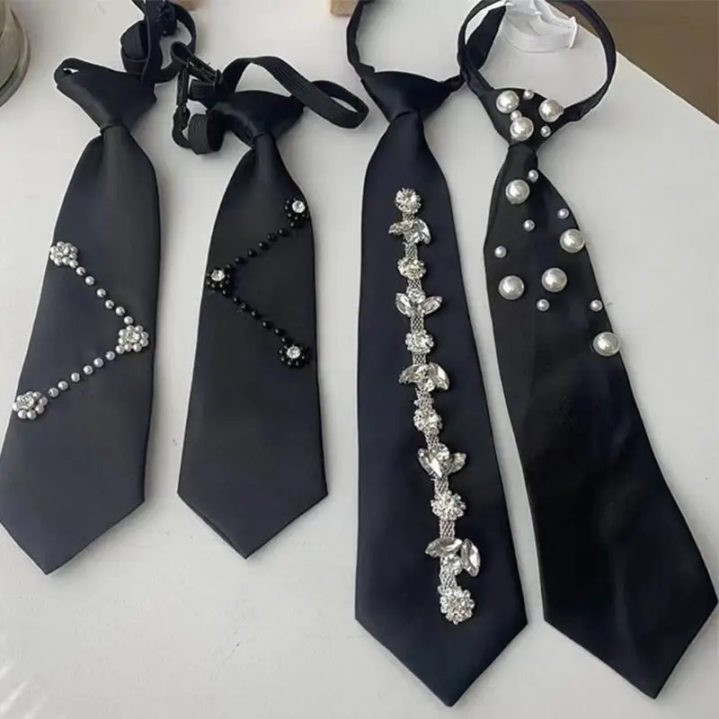 Y3NE Jk Uniform Black Ties with Pearls Detachable Collar Japan Jk seifuku Cosplay Pre-tied Tie Schoolgirl JK Suit Neckwear
