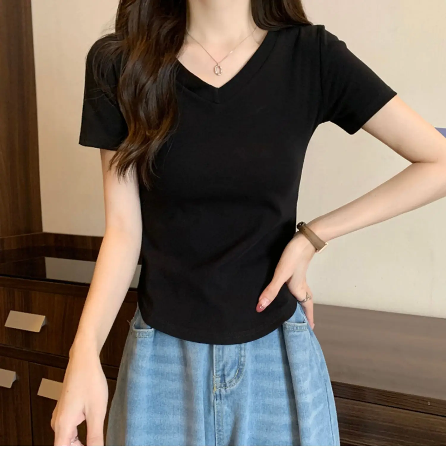 V-Ne لون نقي ort Sve المرأة تي شيرت سليم صالح ort Sle تنوعا جولة هملين تصميم تحسس رداء علوي غير رسمي #2