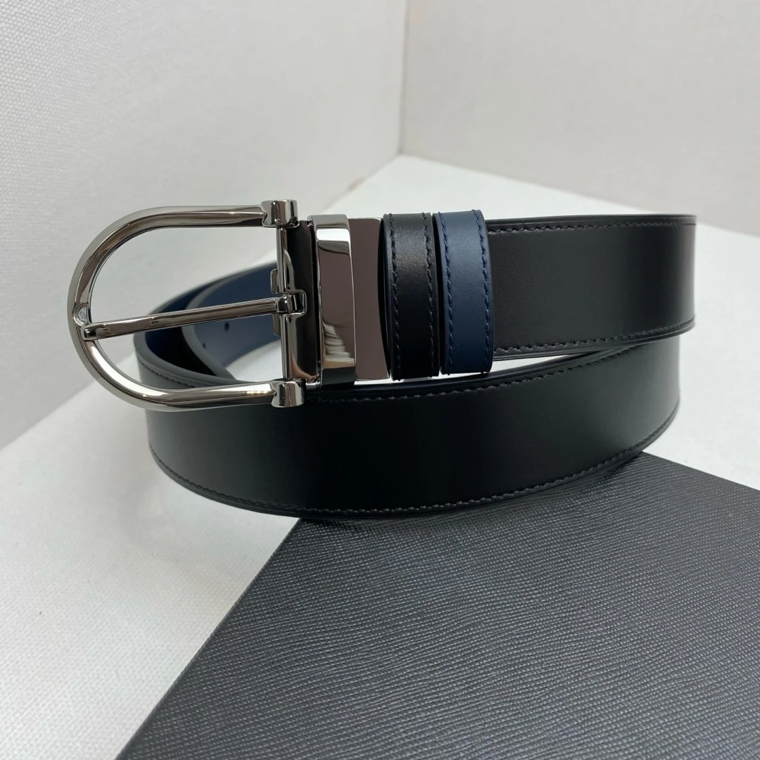 Luxury Brand Men's Reversible Leather Belt Rotatable D‑Shape Pin Buckle Business Formal Waist Strap Black Navy Blue Two‑Sided
