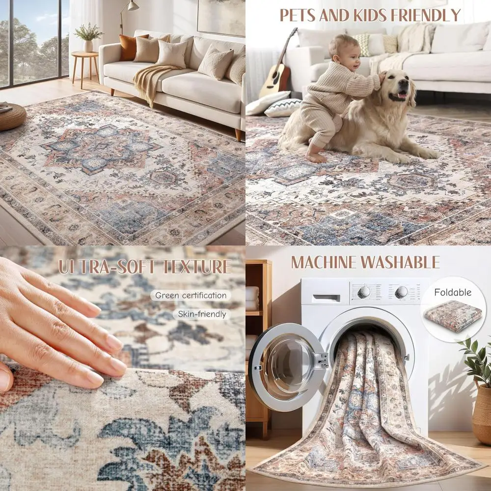 

9x12 Bohemian Vintage Distressed Oriental Medallion Area Rug - Neutral Large Carpet for Living/Bedroom