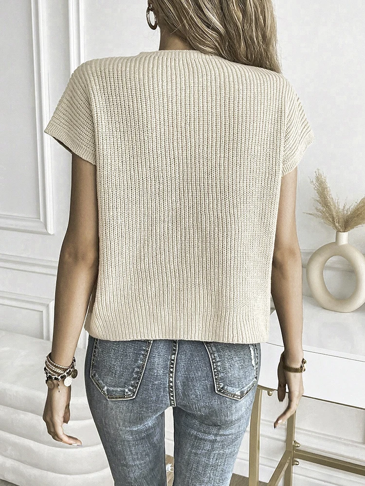 Camisola de malha de cor sólida feminina manga curta agulha grossa em torno do pescoço casual topo elegante moda wear