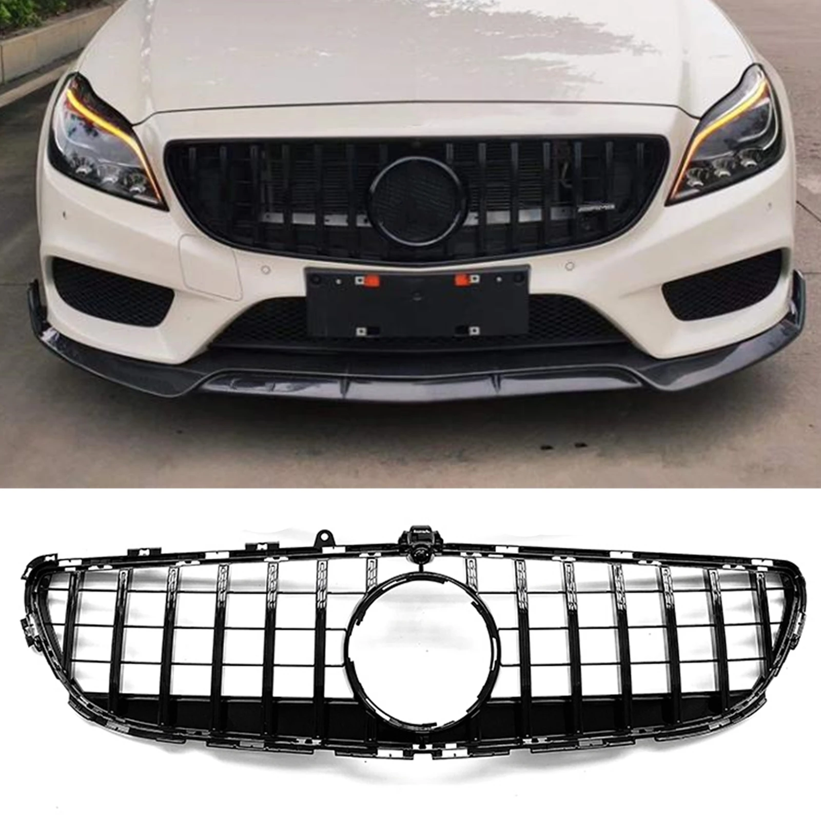 Car Front Racing Grills Grille Hood Mesh w/ Camera Hole For Mercedes Benz CLS Class W218 2015 2016 2017 2018