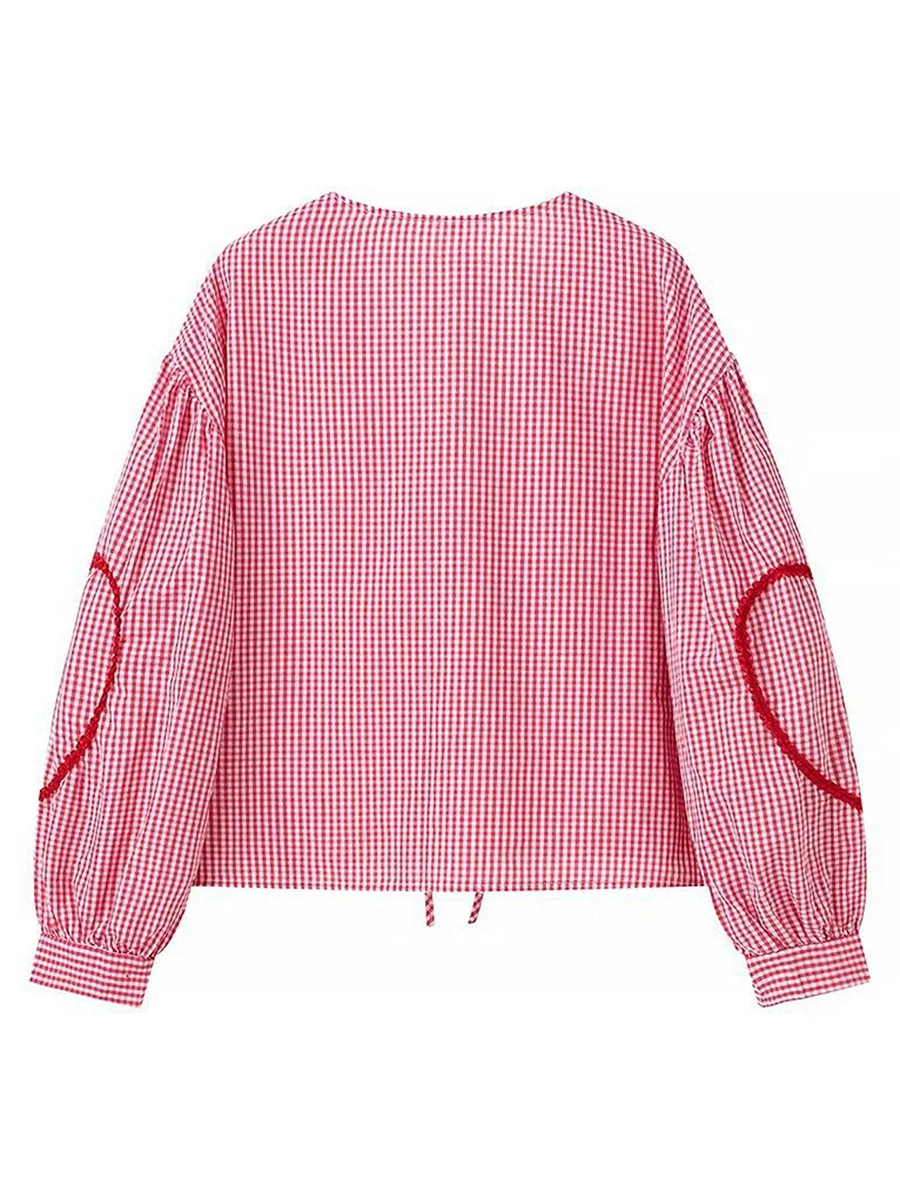 Women Long Sleeve Shirts Plaid Heart Pattern Front Two Bowknot Tie-Up V-Neck Blouses Fashion Spring Casual Tops