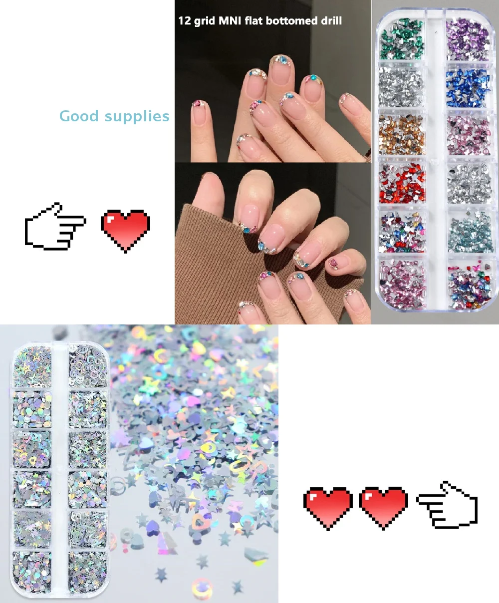 12-Gitter Nagelverbesserung Silber Stern Liebe Muster Laser Nagel Glitzer Flash Nageldekoration Nagel Charm DIY Maniküre Werkzeuge