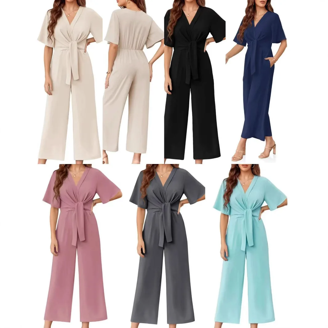 

Solid Color V-neck Simple Design Short-sleeved Jumpsuit New European and American Cross-border Women's Clothing in Summer 2025