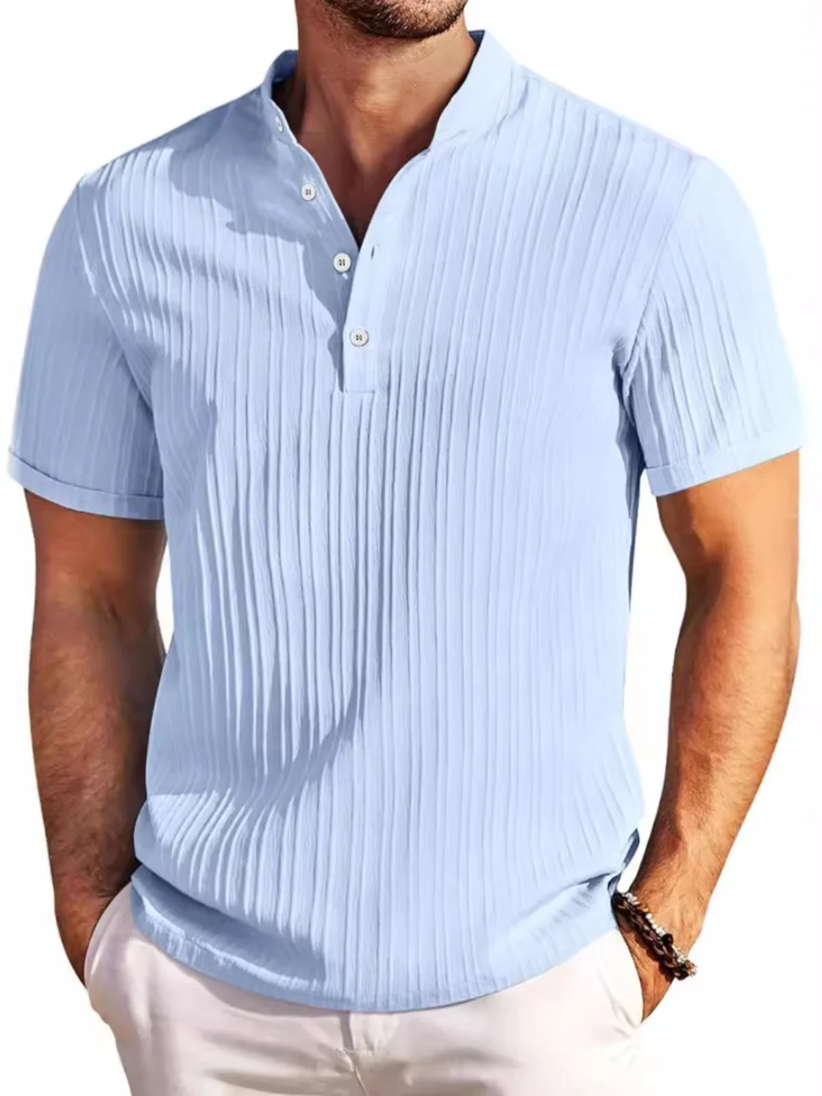 

Men's Casual Loose Striped T-irt Pure Color Collar ort Sve Breathable Polyester Fiber Stand Fit Youth Daily Wear