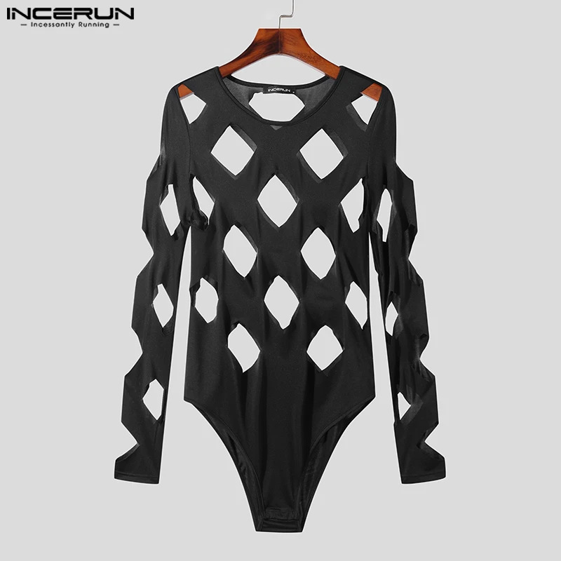 Sexy Fashion Style Men\'s Bodysuits Hollow Diamond Design Rompers Casual Homewear O-Neck Long Sleeve Jumpsuits S-3XL INCERUN 2023