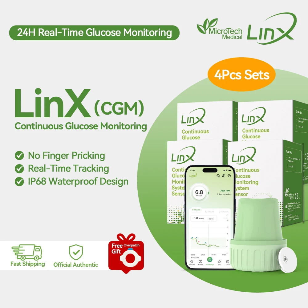 MicroTech LinX CGM 4 Sets, Monitor Continuo de Glucosa, Prueba de Glucosa en Sangre en Tiempo Real 24h, Kit de Monitoreo de Glucosa sin Pinchazos en el Dedo