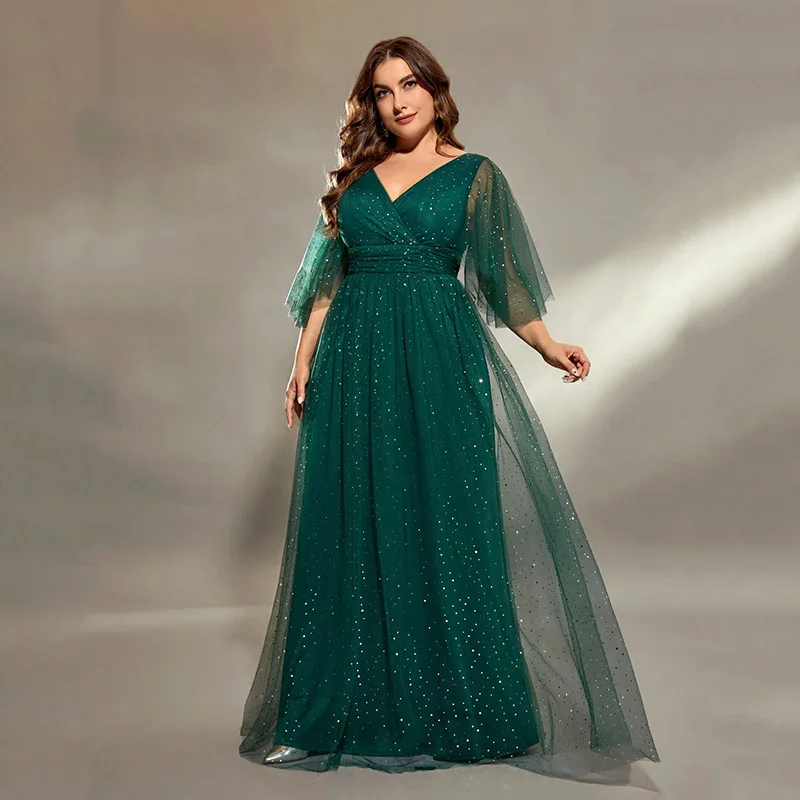 Plus Size Long Evening Dress for Party and Banquet Elegant Choir Performance Dress for Women V-neck Short Sleeve Evening Gown