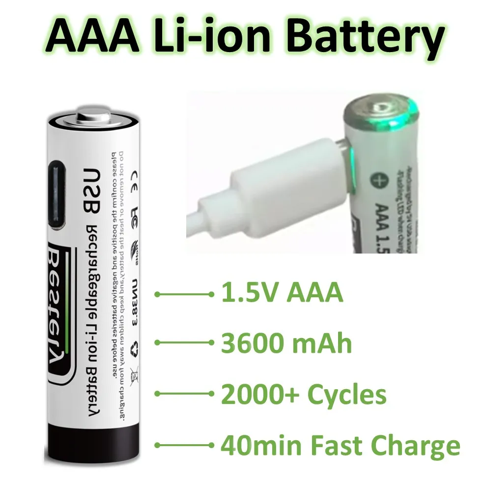 3600mAh USB-C AAA Rechargeable Batteries 40 min Fast Charge, 2000+ Cycles Li-ion Battery for Smart Home/Gadgets/Security Cameras