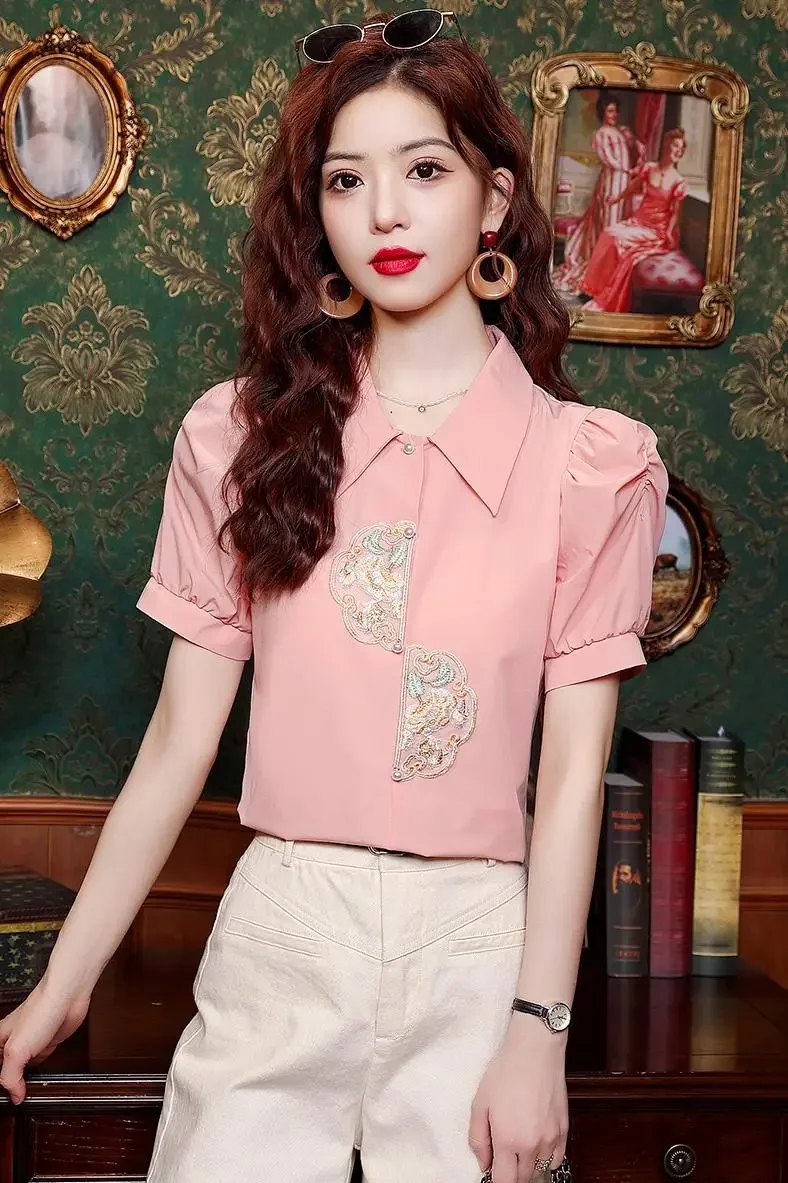 2024 Summer Shirts & Blouses New Short Sleeve Lining Chinese Style Slim Look Ladies Puff Sleeve Solid Color Single Breasted Tops