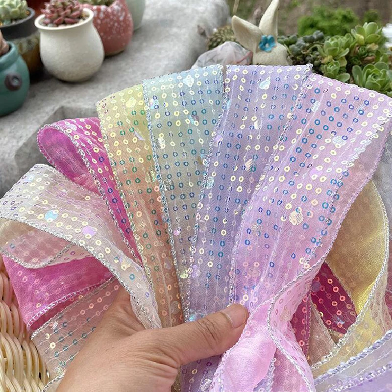 20Yards 50MM Sequin Vertical Stripe Double Yarn Silver Line Edge Ribbons Hair Bows DIY Crafts Handmade Accessories