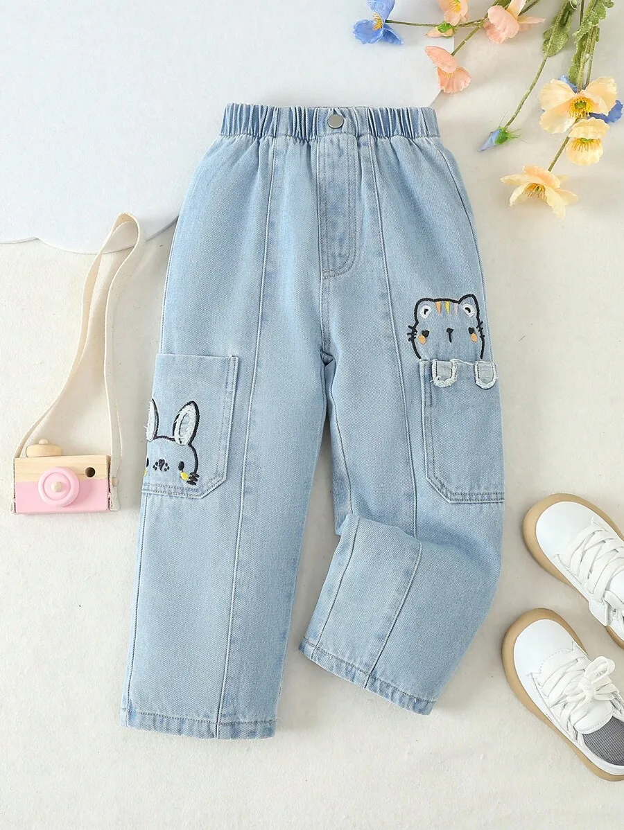 

Girls Light Wash Denim Pants with Animal Embroidery Pockets, Elastic Waist, Straight Leg