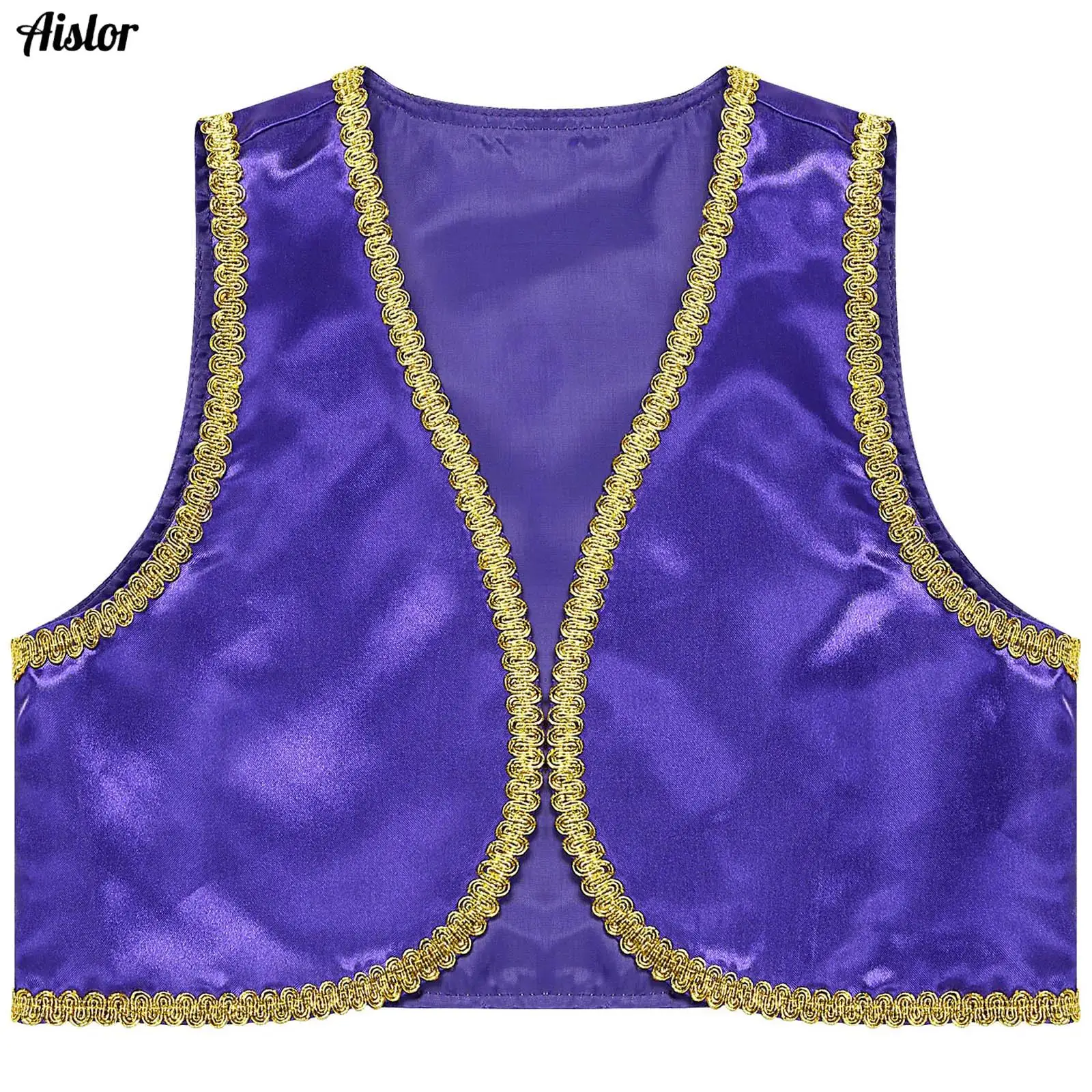 

Kids Boys Fairytale Arabian Prince Cosplay Costume Vest Halloween Party Sleeveless Open Front Golden Braided Trimmings Waistcoat