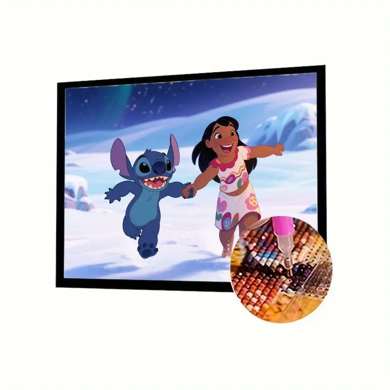 

1 шт. Набор для алмазной живописи Lilo & Stitch 5D - DIY Полная дрель Happy Lilo & Stitch Running Hand-in-Hand в снежном пейзаже, Sparklin