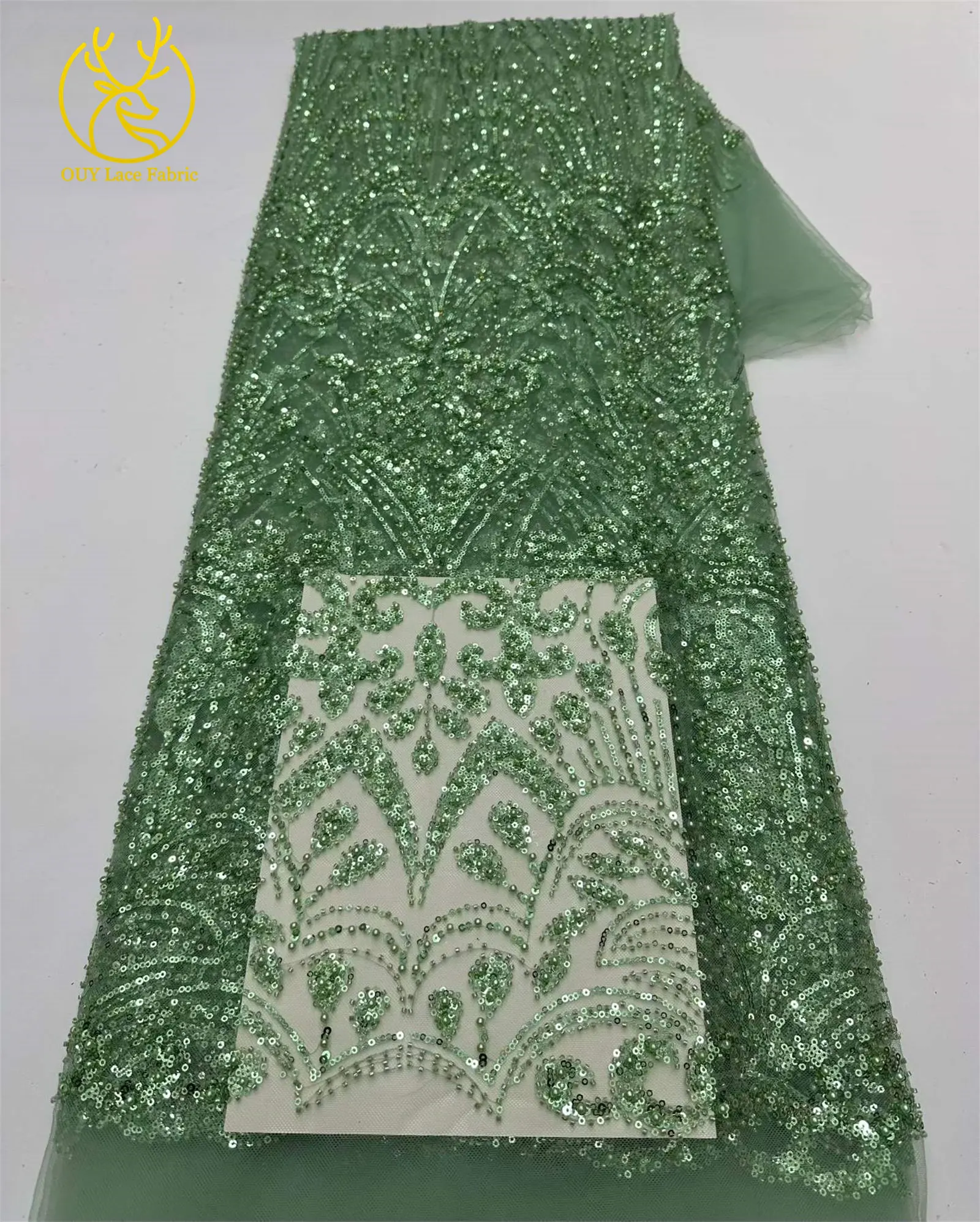 Goldener Luxus-Spitzenstoff mit Perlen und Pailletten, 5 Yards, afrikanischer Spitzenstoff, hochwertiger nigerianischer Netzspitzenstoff für Partykleider und Näharbeiten – Detail 23