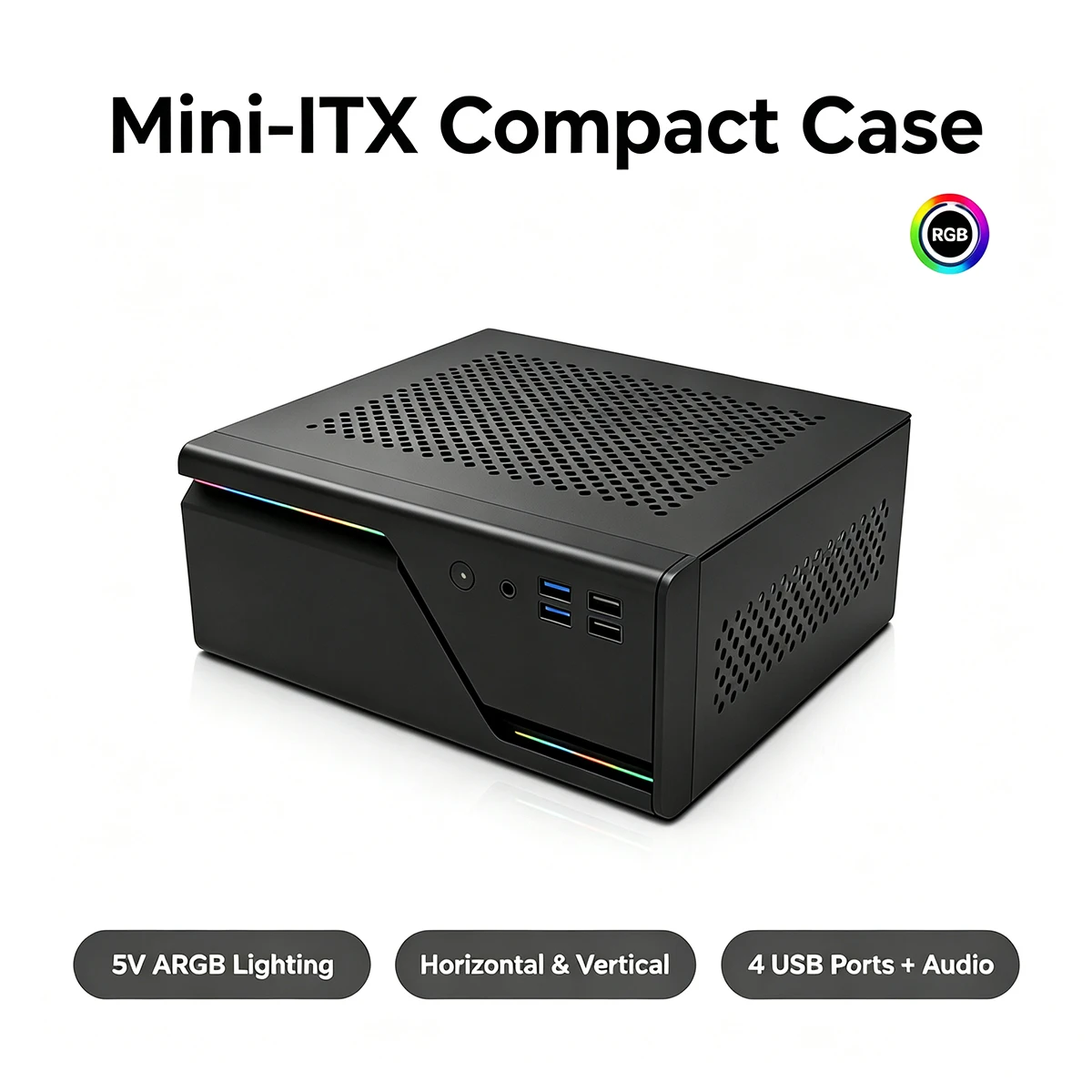 Mini ITX Case SFF Small PC Chassis HTPC Desktop PC 4 USB Front Ports 5V ARGB Horizontal Vertical Book-Size PCIe x1 Wi-Fi Ports