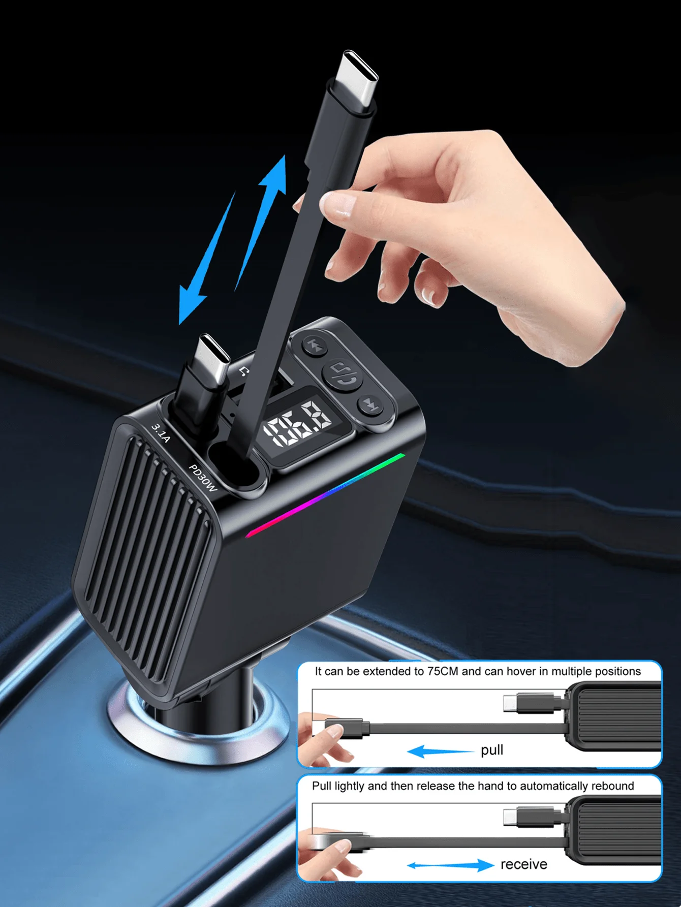 Car USB C Bluetooth Adapter With Retractable Cable PD 30W Fast Charger FM Transmitter Handsfree Calling