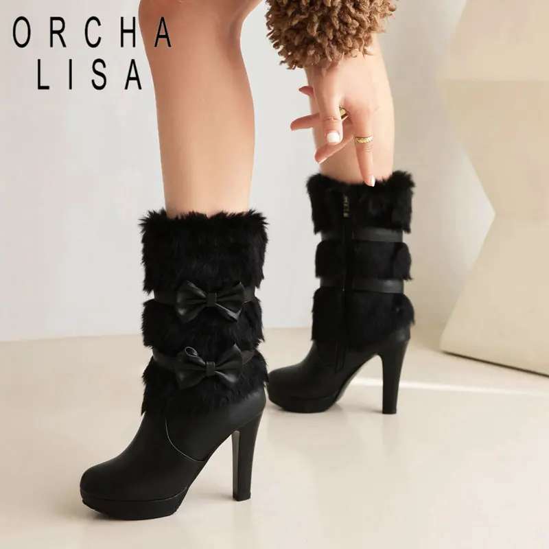 ORCHALISA Sweet Ladies Mid Calf Footwear Round Toe Tall Heel 10cm Raised Base Zipper Bow Extended Sizes 42 43 Winter Footwear