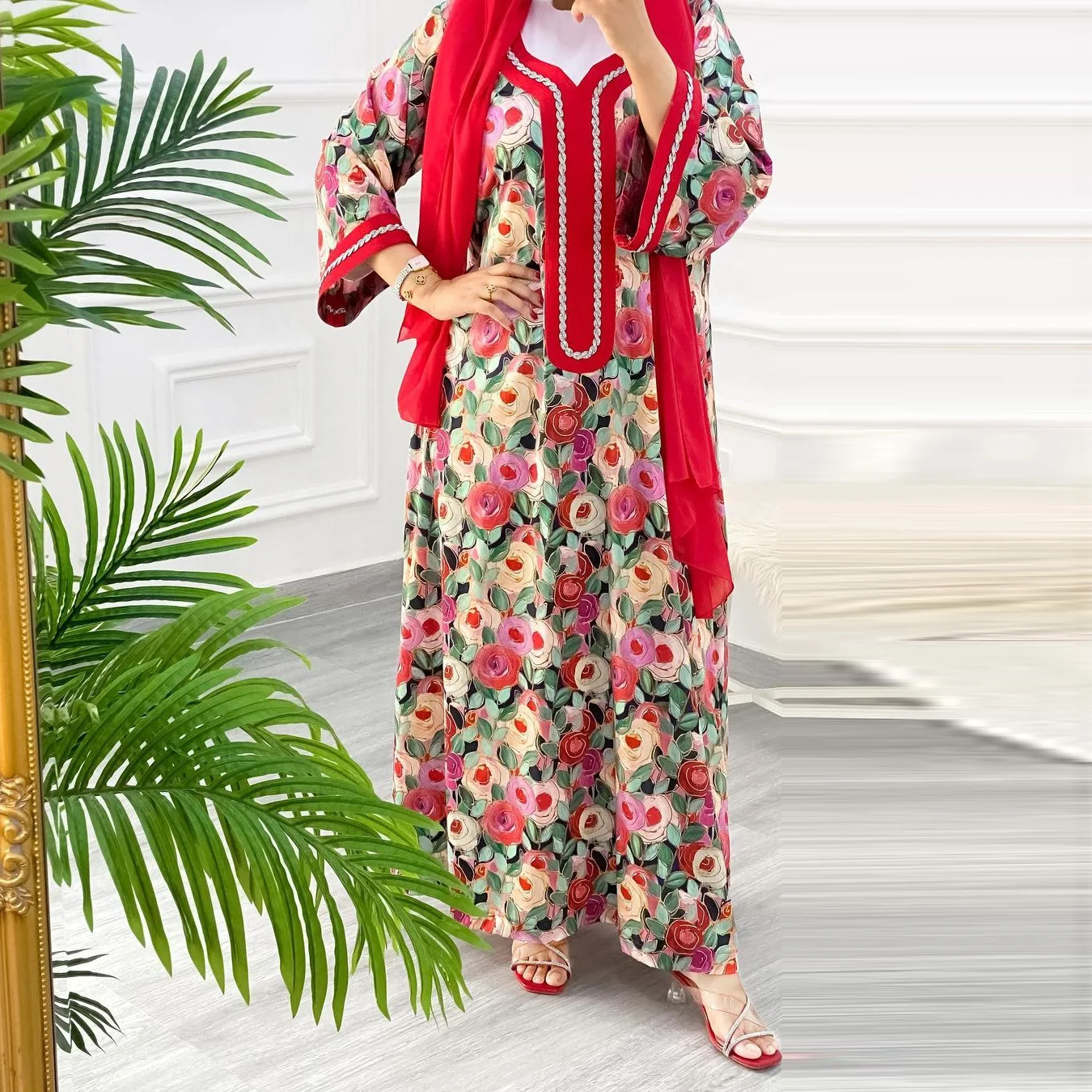 

Abayas for Women Vintage Ethnic Print Long Dresses V-Neck Colourful Diamonds Robe Ramadan Arab Dresses Dubai and Turkish