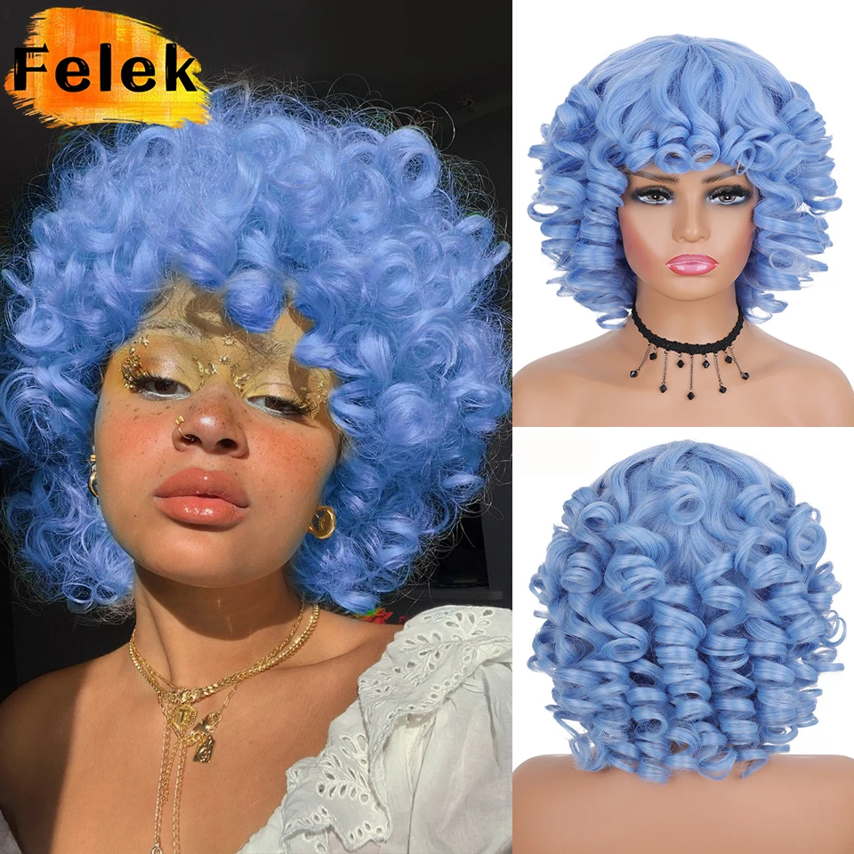 Synthetic Pink Cosplay Wig With Bangs For Black Women Short Hair Afro Kinky Highlight Wigs Ombre Blonde Blue Red Brown Grey Wigs