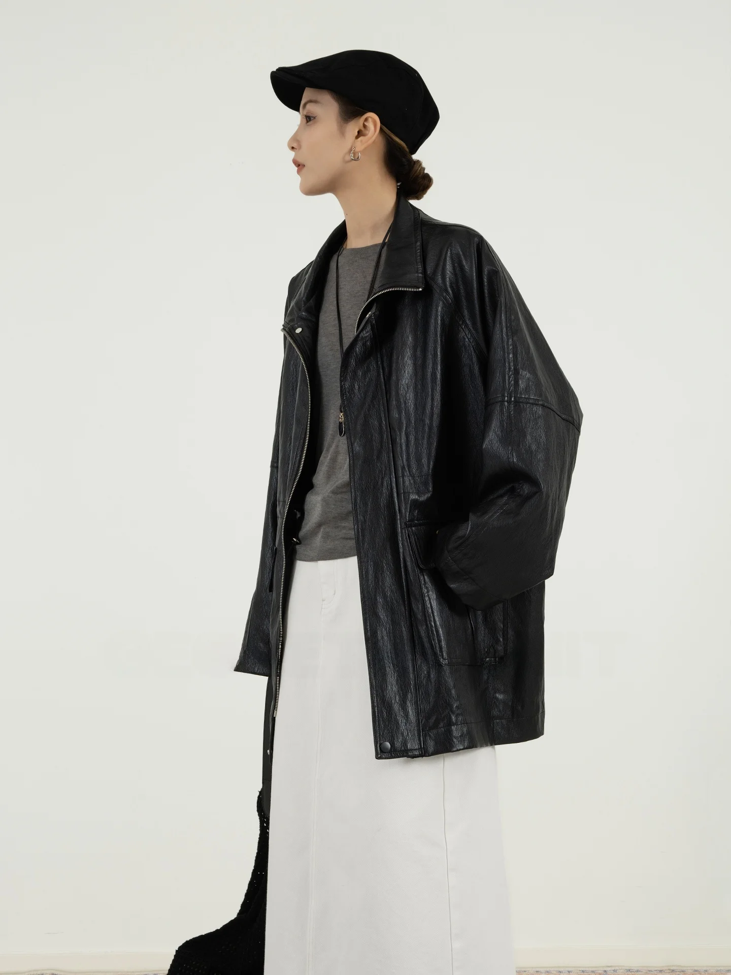 Geometry Unit Women's PU Leather Jaet Mid-Length Waist-Cinching Stand Collar Windproof Bla Coat for Autumn And Winter