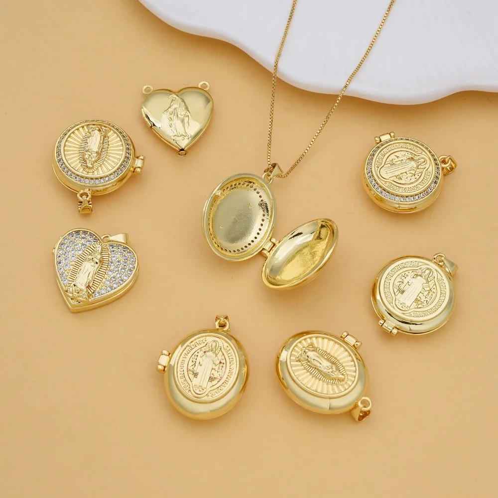 

2 Pcs Copper Plated Inlay Zircon Photo Box Virgin Mary Pendant DIY Necklace Jewelry Making Heart Round Oval Openable Accessories