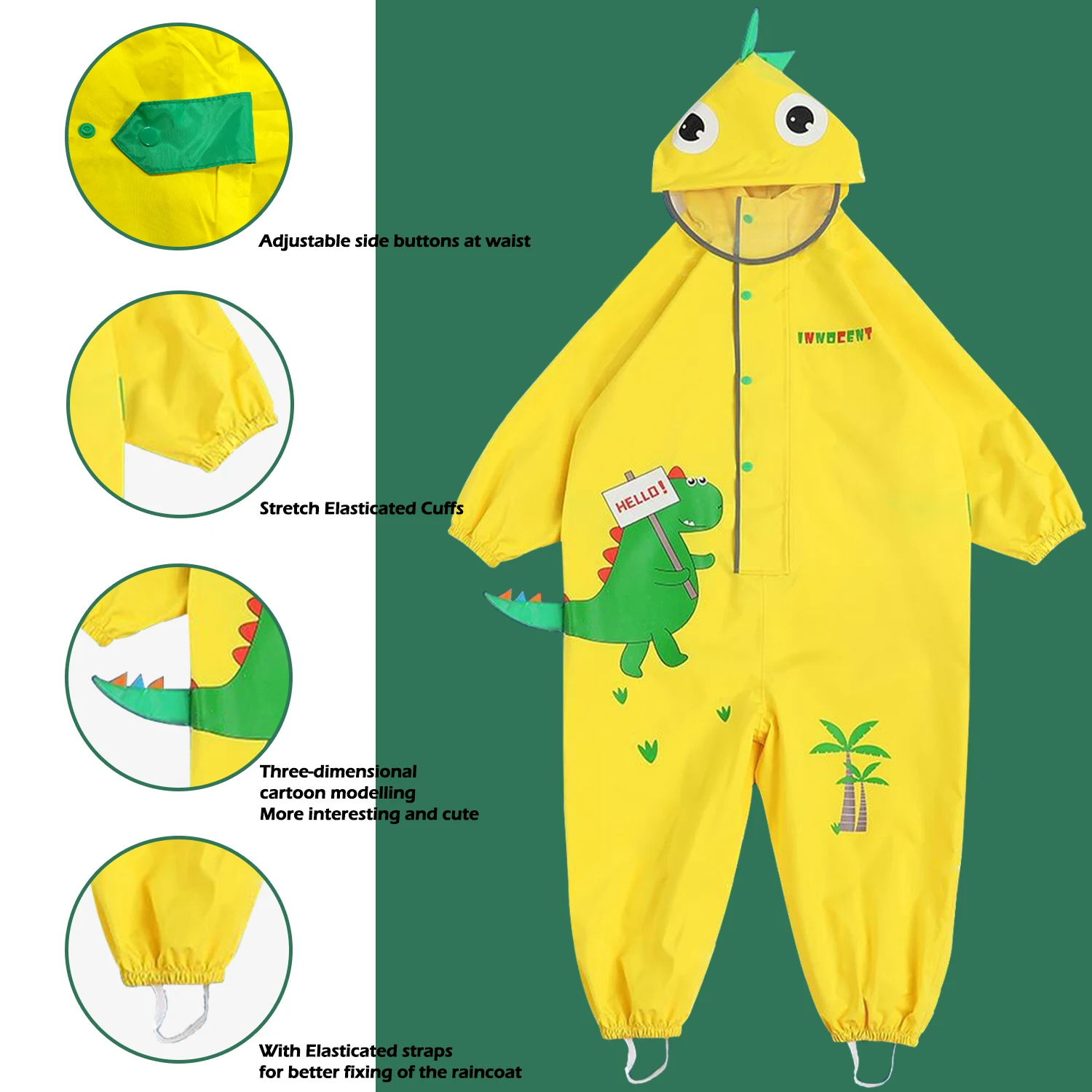 Cute Colorful Rabbit /Dinosaur Raincoat For Kids Boys Girls Waterproof Jumpsuit Hooded One-Piece Cartoon - 3D Illustrated