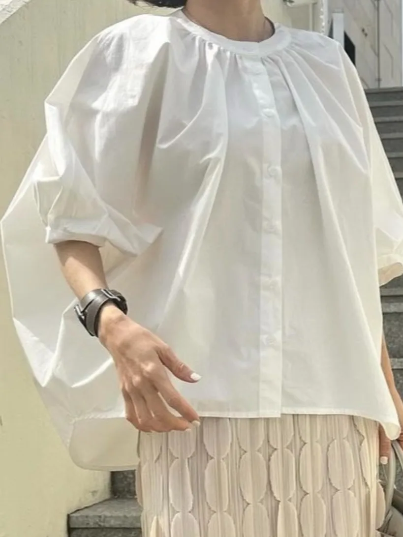 Mat White Long Sve Doll irt Faion Design Bubble Sve Lazy Bat Wing Top Colore puro Versatile Primavera 2025