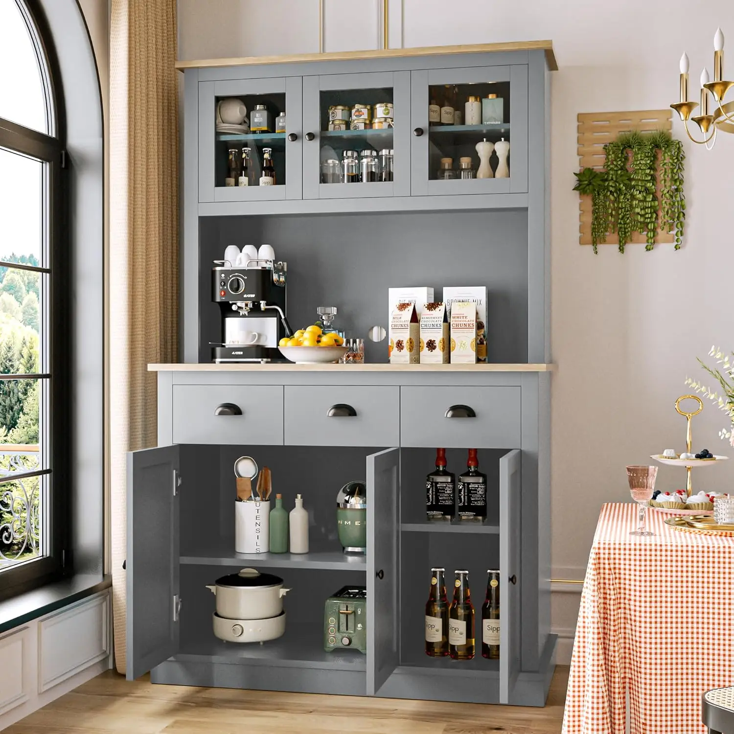 Gabinete de despensa de cocina de 71' con estación de carga, aparador alto con encimera, cajones y estante para microondas, gris