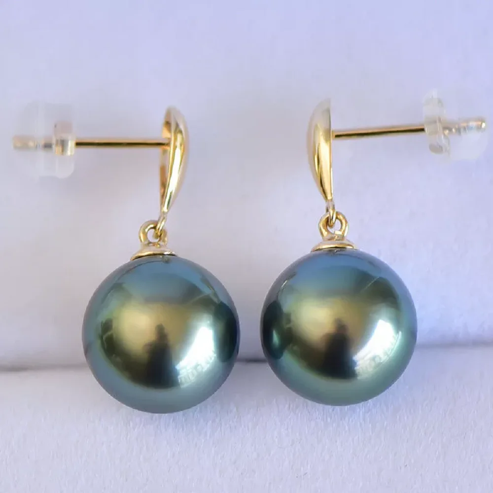 Amazing AAA+ 9-10mm 10-11mm Natural Tahitian Black Round Pearl Earrings 18k/AU750 Gold