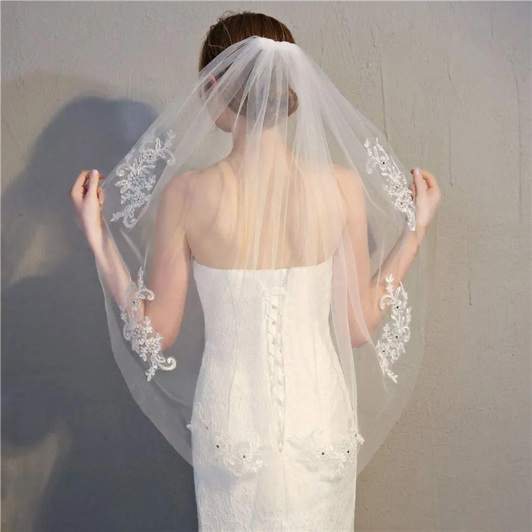 Short One Layer Cut Edge White Ivory  Embroidery Beads Wedding Veil Tulle Bridal Veil Cheap Wedding Accessories Voile Mariage