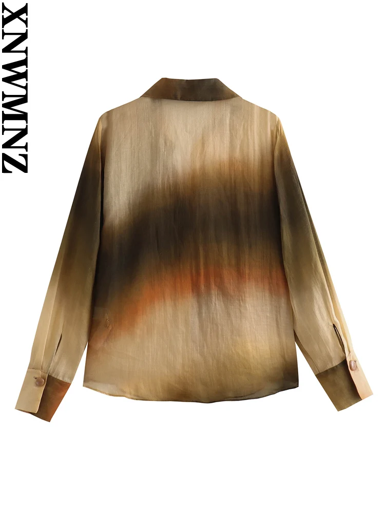 XNWMNZ Women\'s Fashion 2023 Tie Dyed Ramie Shirt Women Vintage Lapel Long Sleeve Casual Versatile Top Female Blouse