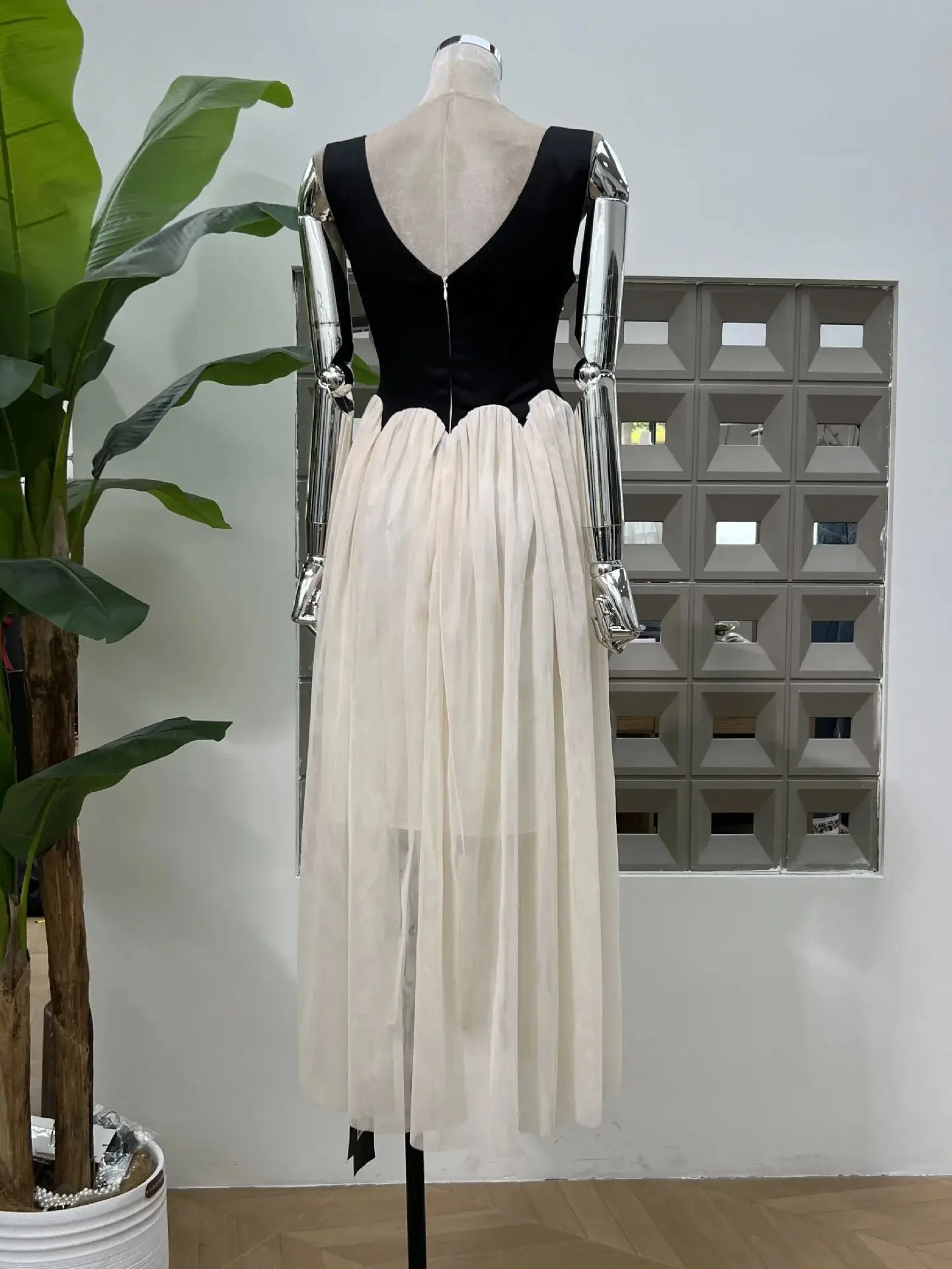 Neue Vintage-Midikleider für Damen, Farbblock-Mesh, ärmellos, quadratischer Ausschnitt, Strass, Party, formelles Abendkleid, Abschlussball, elegantes Kleid