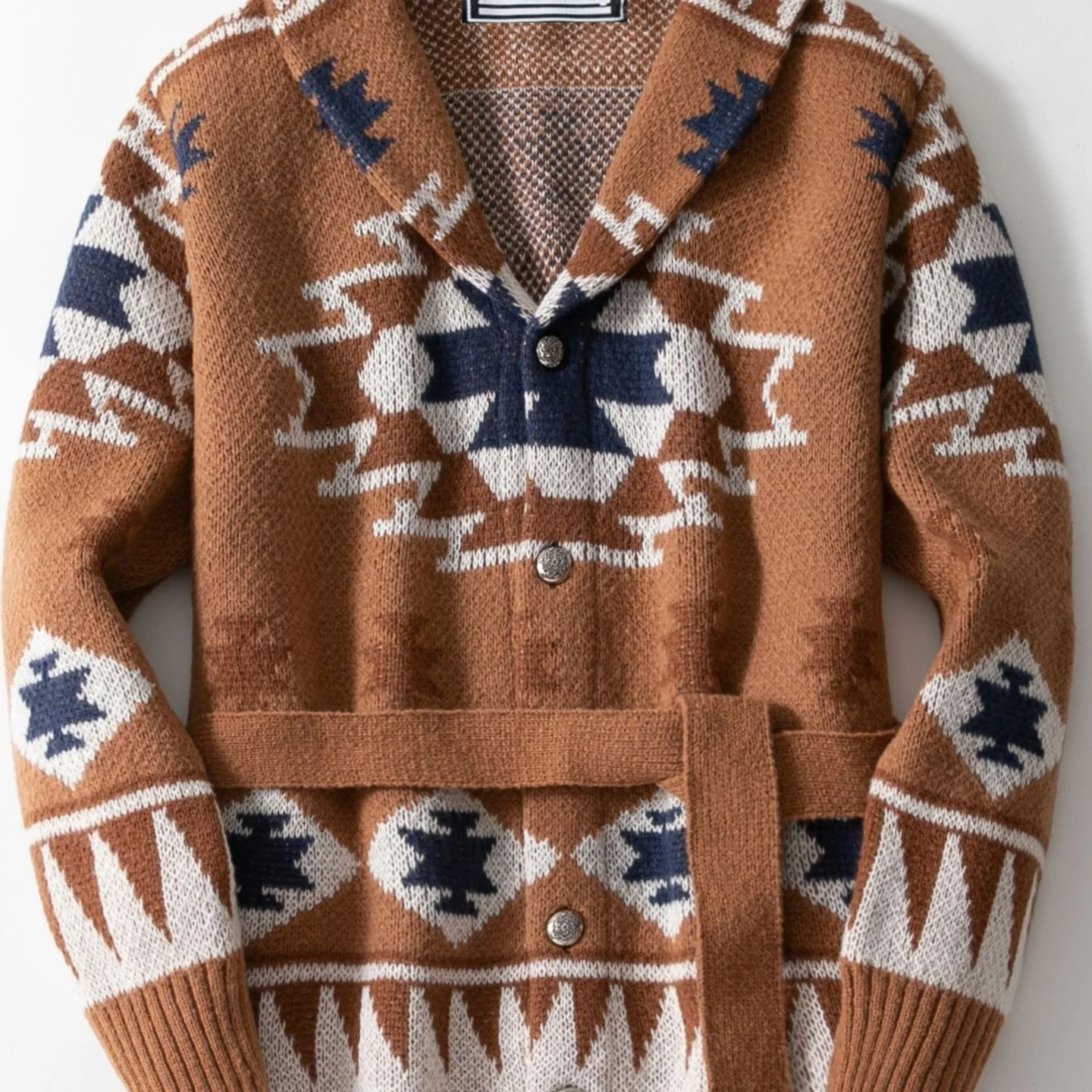 

Men's Heavyweight Embroidered Sweater Autumn Winter Thiened Open Cardigan Belted Knitted Outerwear Casual Long Sve Coat