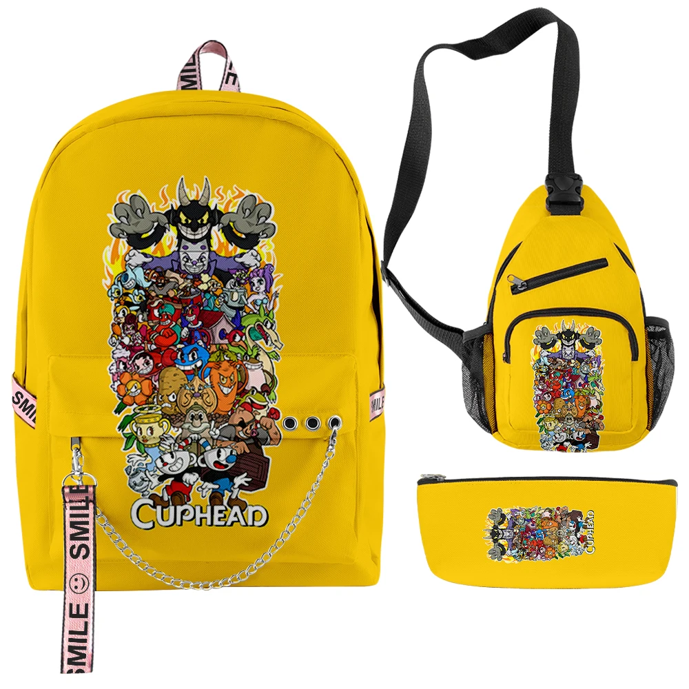 Trendy Youthful Cuphead Anime 3pcs/Set Backpacks 3D Oxford Waterproof Notebook multifunction Backpack Chest Bag Pencil Case